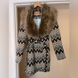 Powder River Outfitters Women’s mid length blanket style coat with faux fur trim